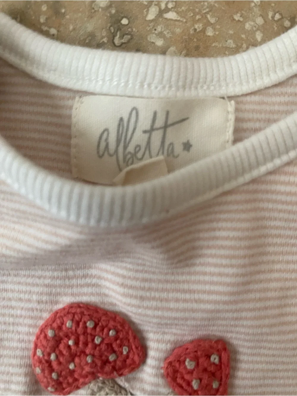 Albetta Crochet Nature Soft Pink Toadstool Mushroom Appliqué 0-3 mon Baby Romper